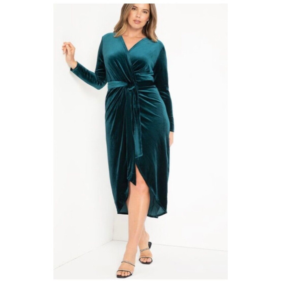 NWT Eloquii Velvet Cocktail Wrap Dress With Tie Hi Low Hem Emerald Green Size 20 - Picture 2 of 13
